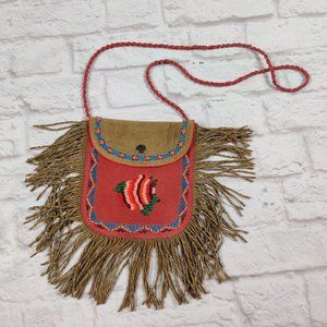 Bindy womens seed beaded fringed suede purse brown shoulder bag southwestern